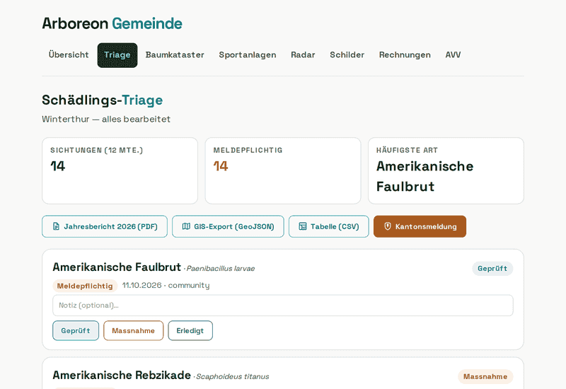 Arboreon Gemeinde: Triage-Cockpit mit meldepflichtigen Sichtungen, Jahresbericht und Kantonsmeldung (Demo-Daten)